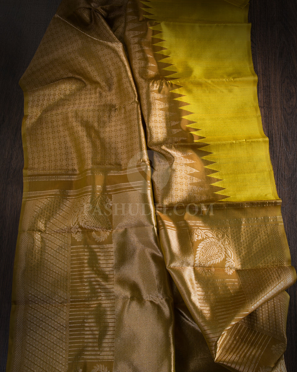 Yellow & Mehendi Green Rising Border Kanjivaram Silk Saree - S1088(A) - View 1