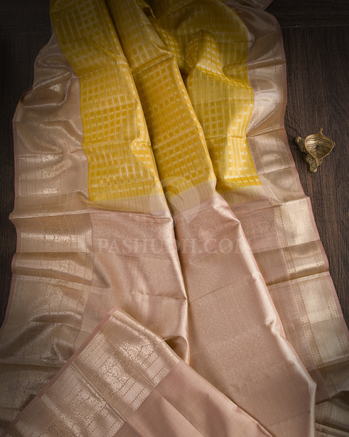 Mustard Yellow And Beige Kanjivaram Silk Saree - S1158(A) - View 1