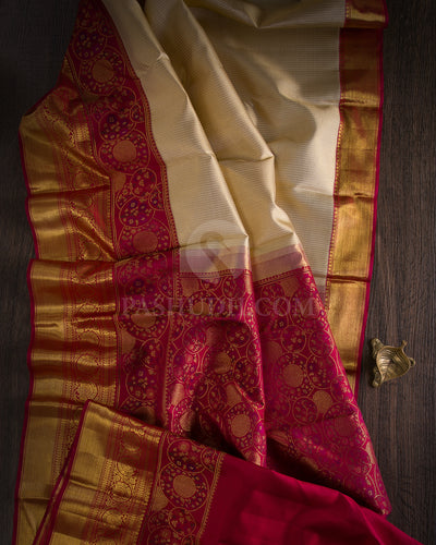 Ivory & Maroon Pure Zari Kanjivaram Silk Saree - P144(A) - View 1