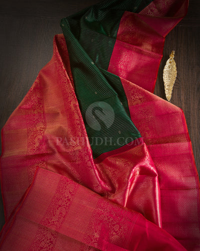 Bottle Green and Pink Shot Red Kanjivaram Silk Saree - S1106(A) - View 1