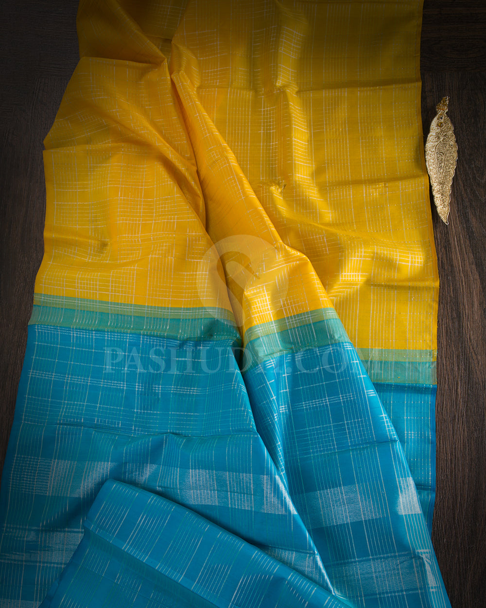 Tuscany Yellow And Anandha Blue Kanjivaram Silk Saree - S1172(A) - View 1