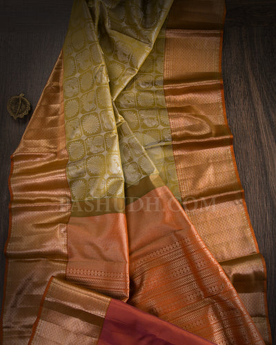 Mehendi Green and Rust Orange Kanjivaram Silk Saree - D549(A)