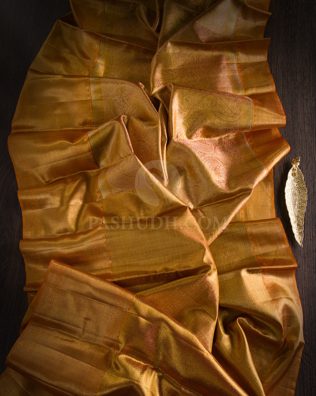 Golden Orange Tissue Kanjivaram Silk Saree - S986  - View 1