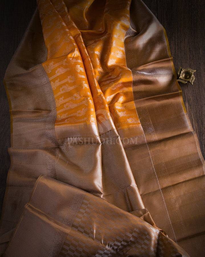 Orange and Khaki Silver Zari Kanjivaram Silk Saree - D497
