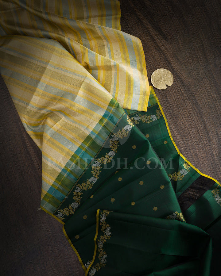 Ivory,Mustard Yellow,Powder Blue And Sage Green Borderless Traditional Kanjivaram Silk Saree-S1750(A)