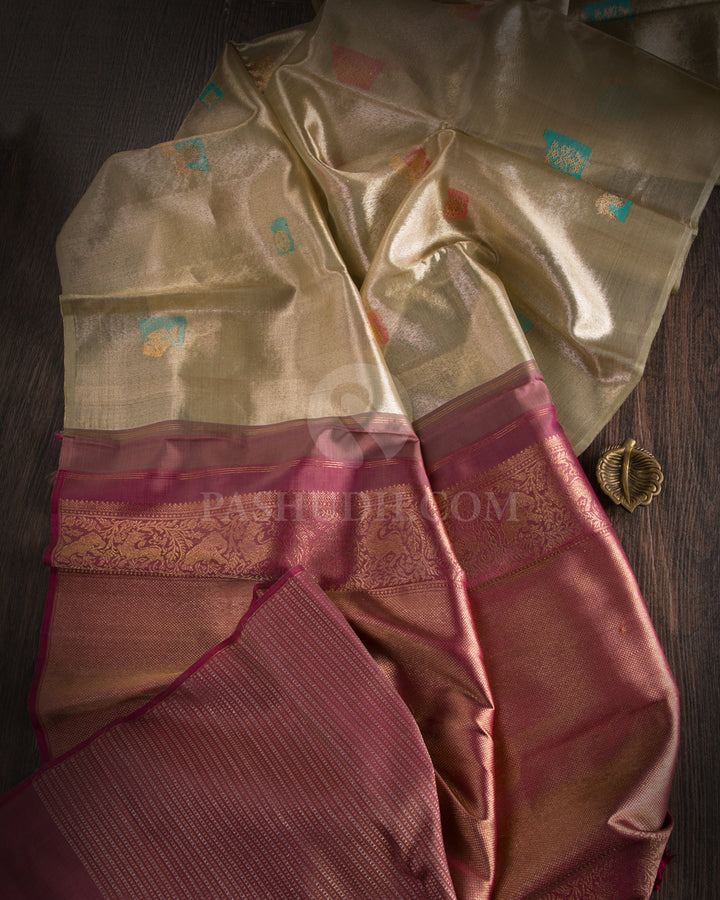 Mild Gold & Pink Organza Kanjivaram Silk Saree - S1081(A) - View 1