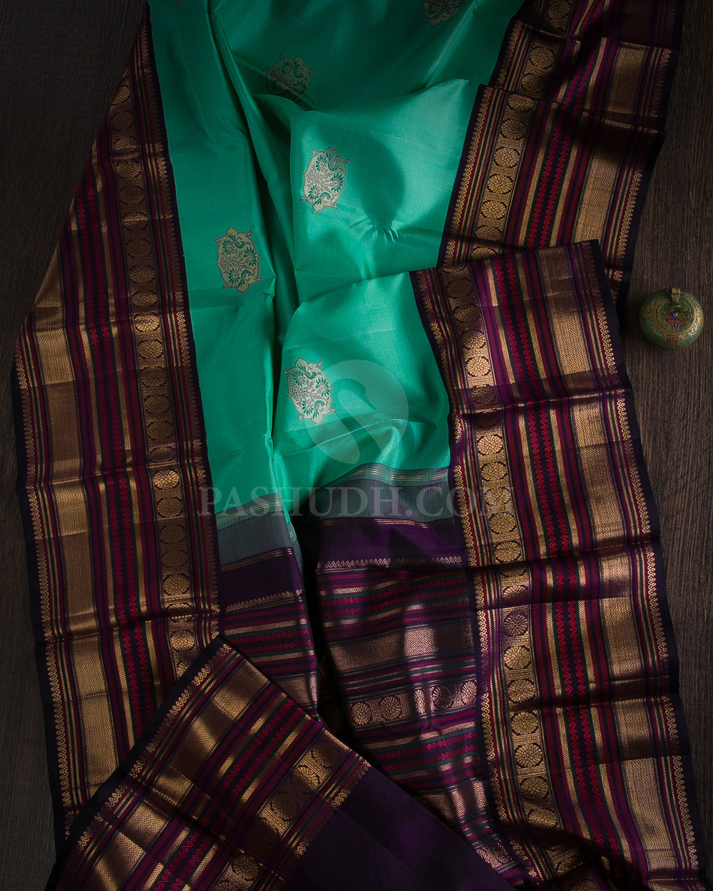 Sea Green & Dark Purple Kanjivaram Silk Saree - S1067(B) - View 1