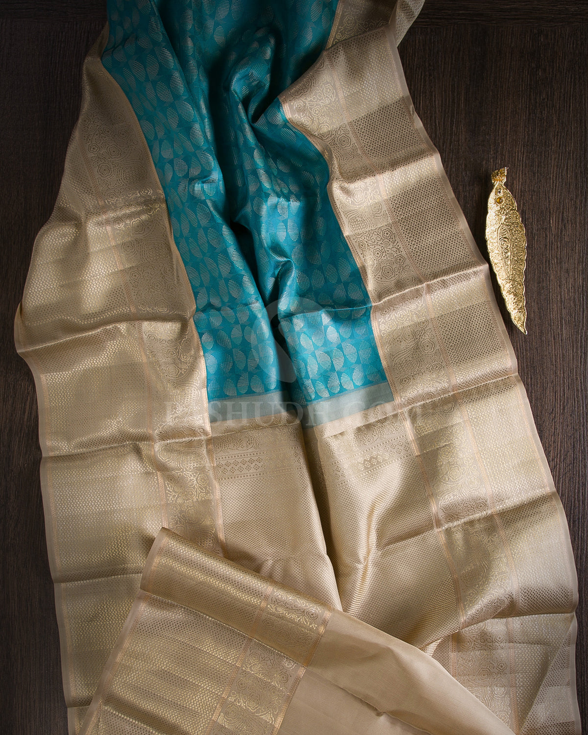 Turquoise Blue & Cream Kanjivaram Silk Saree - DT244(C)