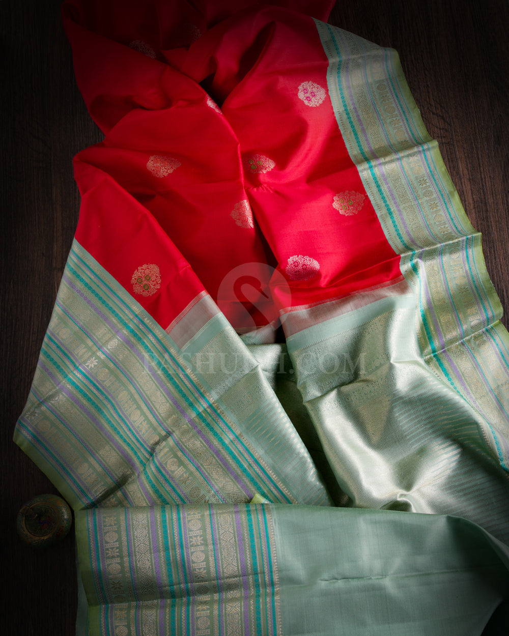 Red and Sage Green Kanjivaram Silk Saree - S908 - View 2