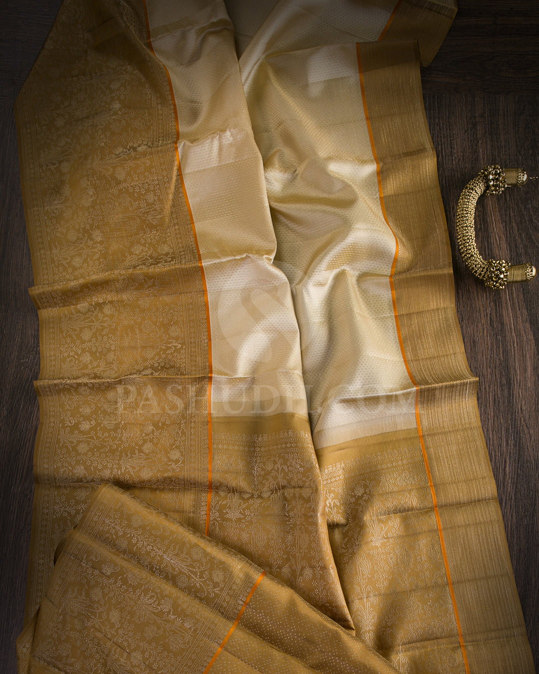 Ivory Cream and Moss Brown Kanjivaram Silk Saree - DJ318(A)