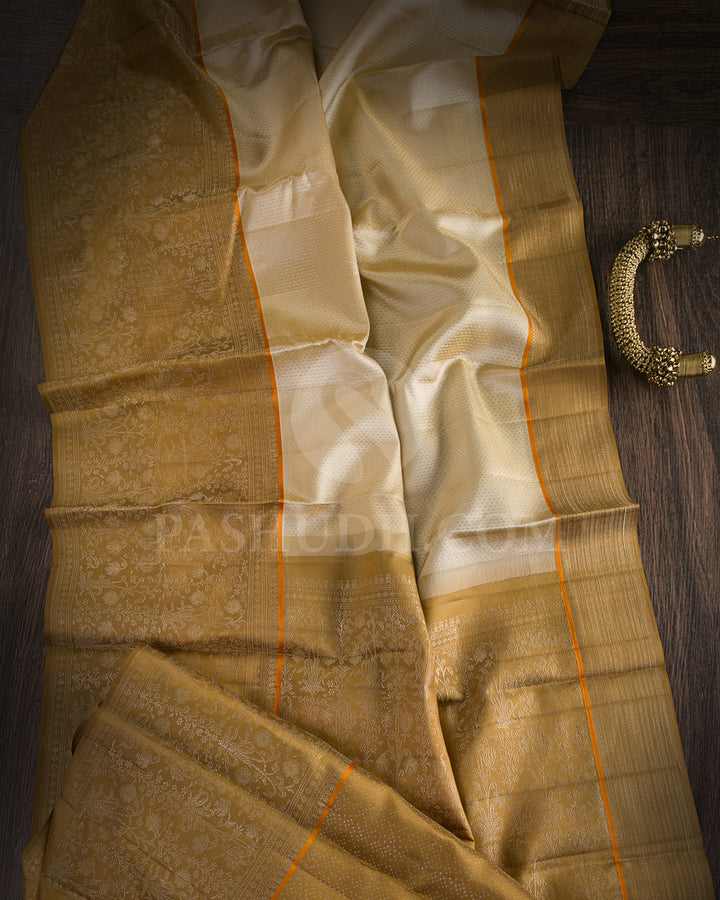 Ivory Cream and Moss Brown Kanjivaram Silk Saree - DJ318(A)