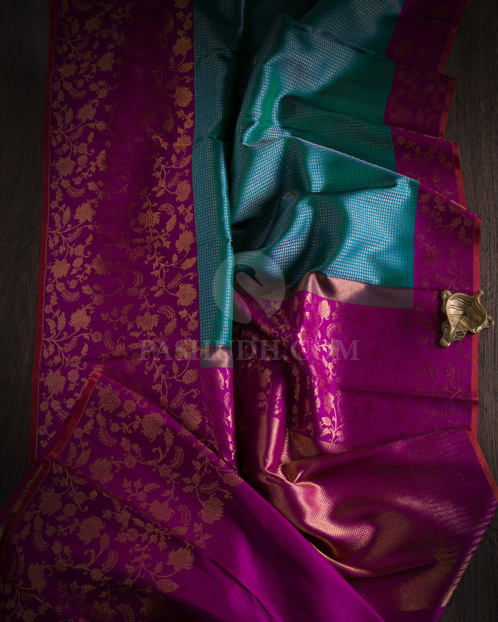 Peacock Blue & Magenta Kanjivaram Silk Saree - S989 - View 1