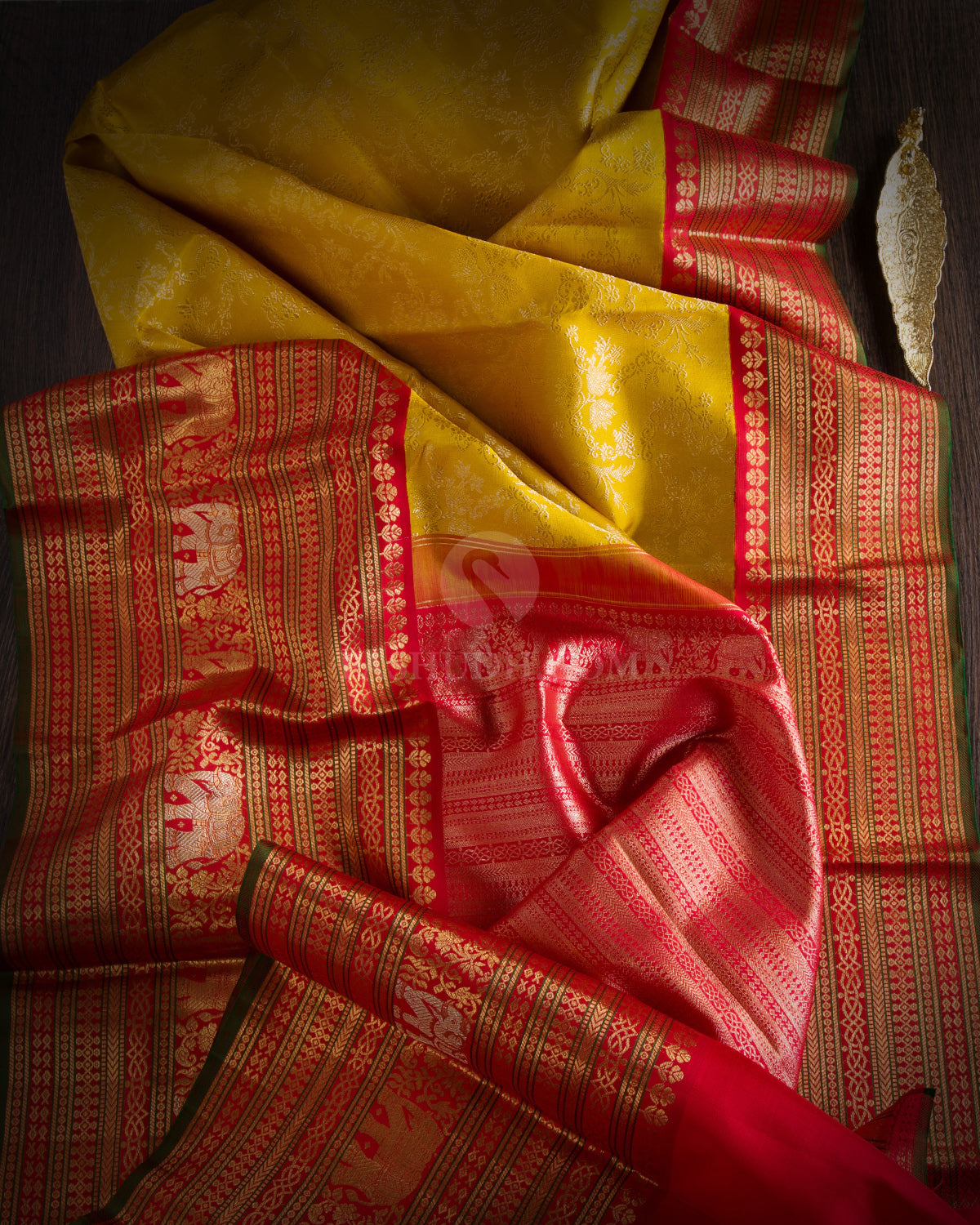 Mustard and Red Kanjivaram Silk Saree - S743 - View 2