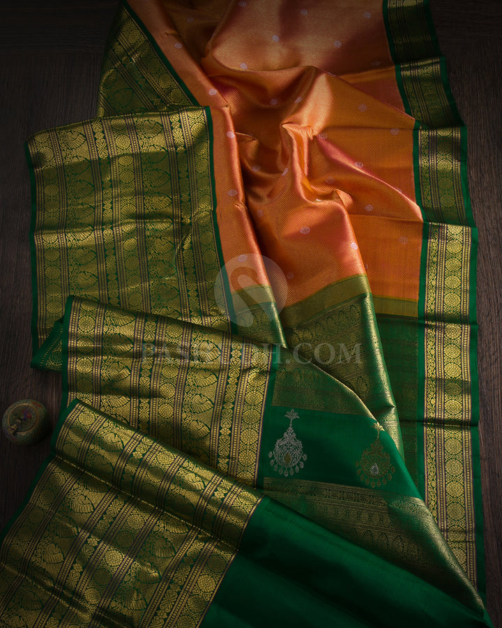 Orange & Green Pure Zari Kanjivaram Silk Saree - P138(A) - View 1
