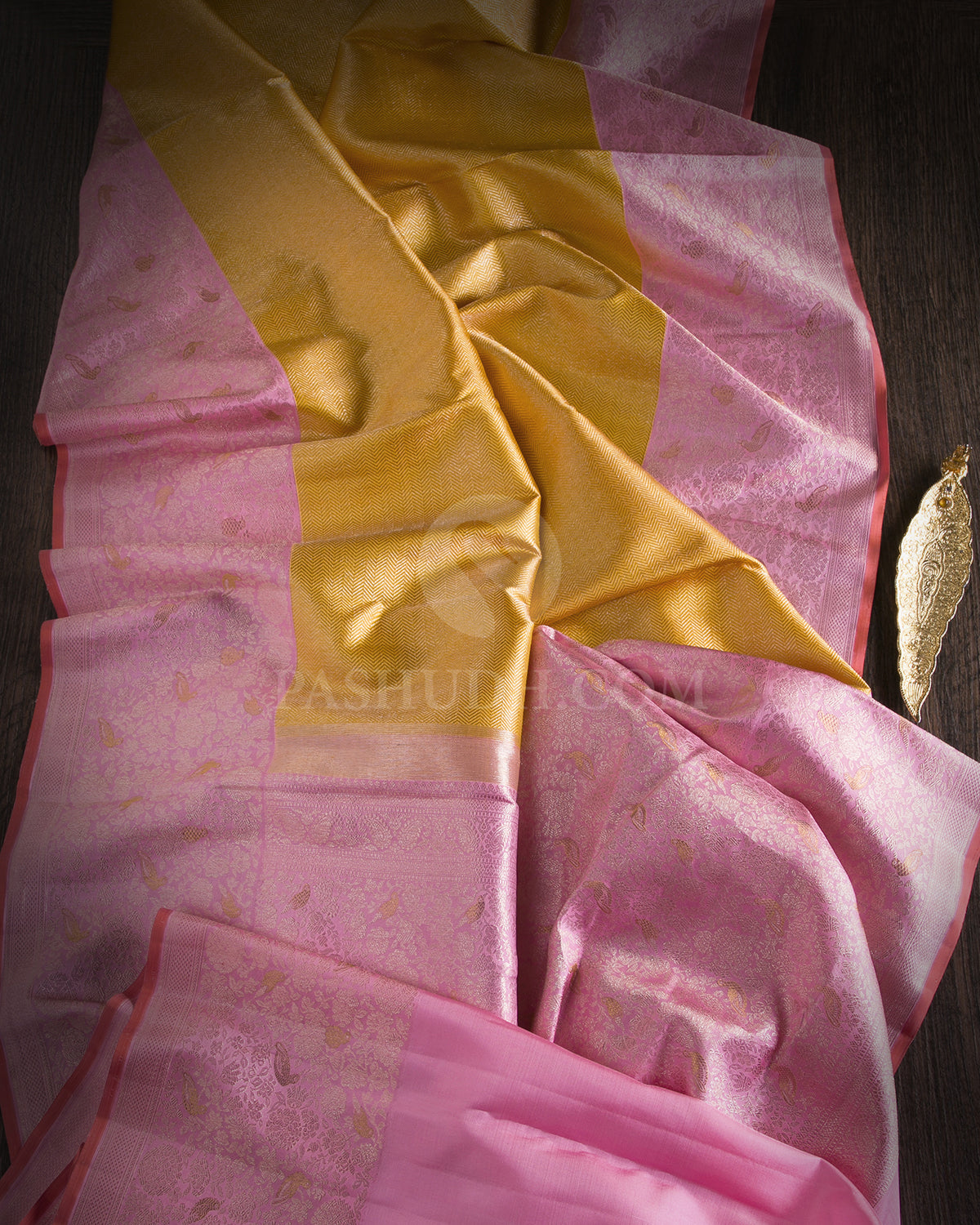 Bright Yellow & Baby Pink Kanjivaram Silk Saree - S1059(A) - View 1