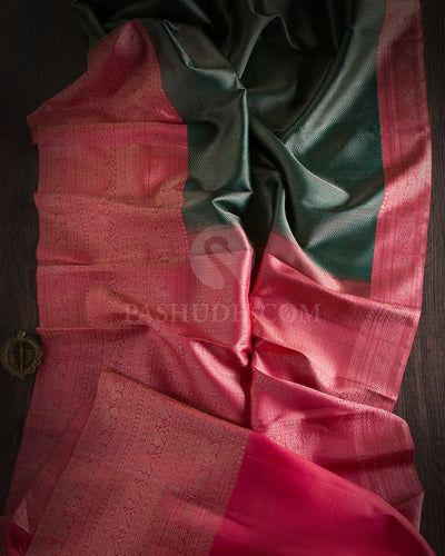 Pink Green & Coral Orange Kanjivaram Silk Saree - S988 -View 1