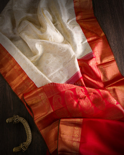 Off White and Red  Zari Kanjivaram Silk Saree - S841 - View 2