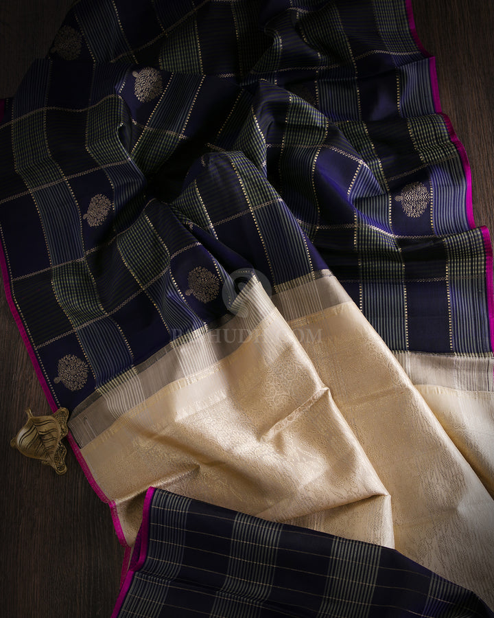 Deep Violet and Cream Borderless Kanjivaram Silk Saree - S729- View 2