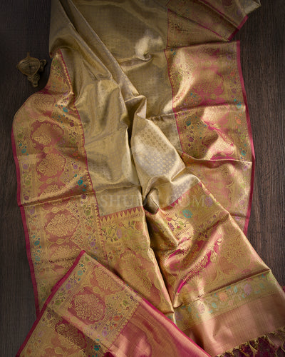Gold & Pink Pure Zari Kanjivaram Silk Saree with Tissue Border - P148(A) - View 1