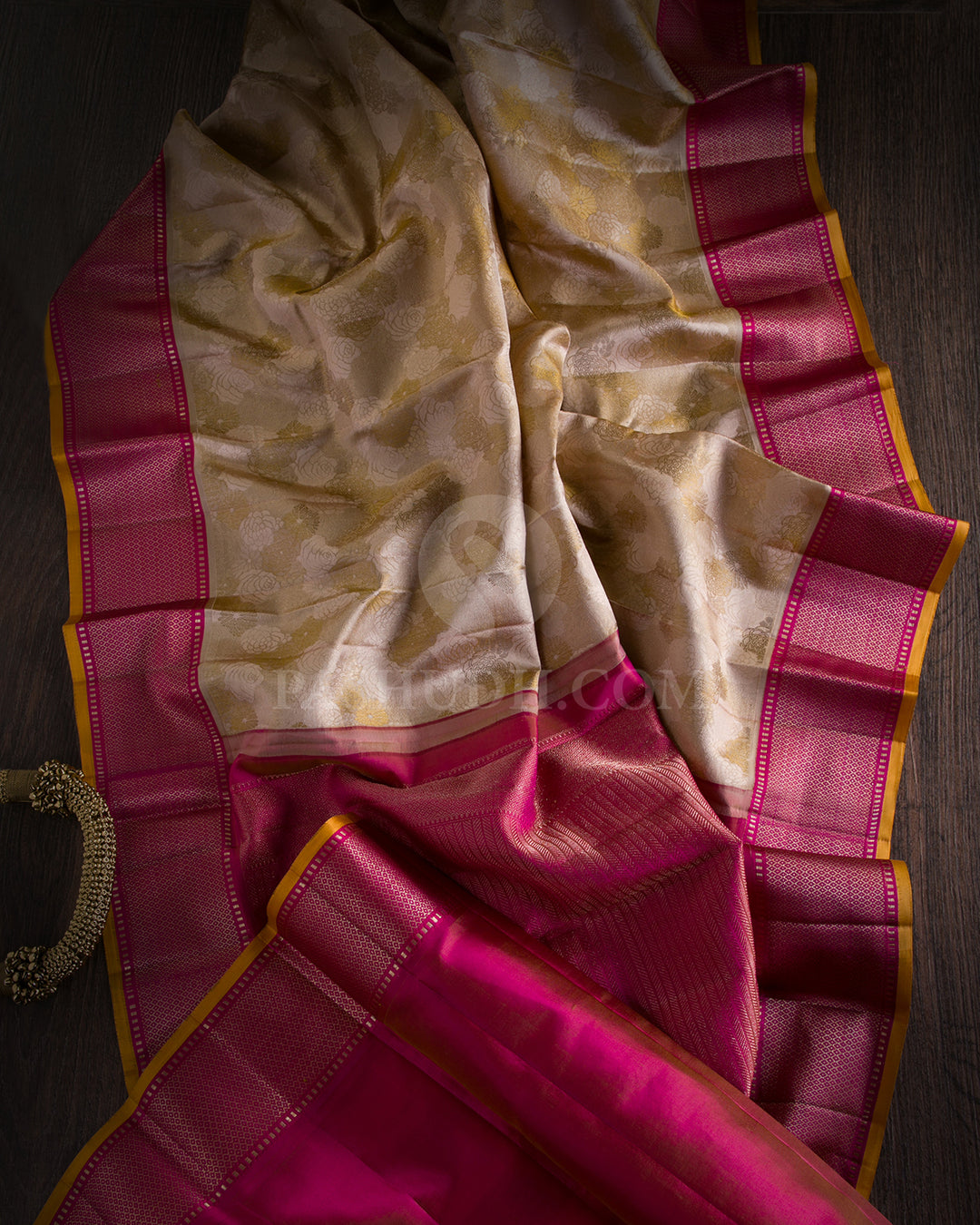 Beige & Rani Pink Kanjivaram Silk Saree - DJ279(A)