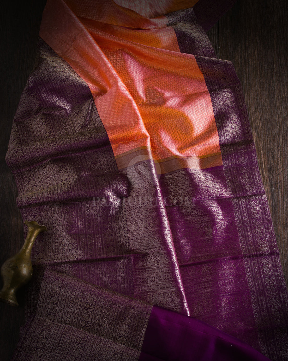 Coral Orange and Purple Kanjivaram Silk Saree - S948