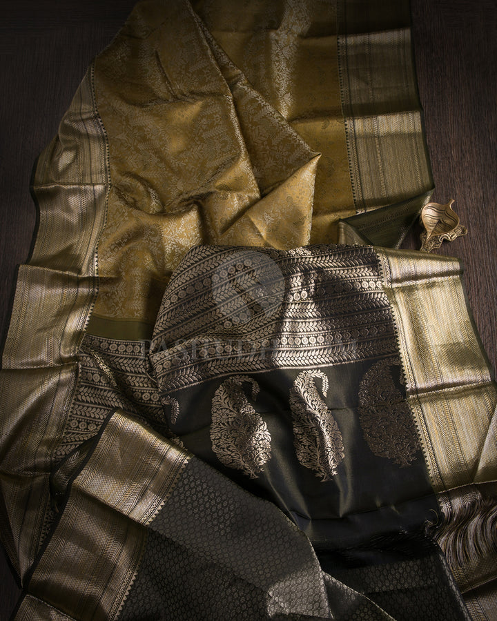 Mehendi Green and Taupe Brown Kanjivaram Silk Saree - D516(B)