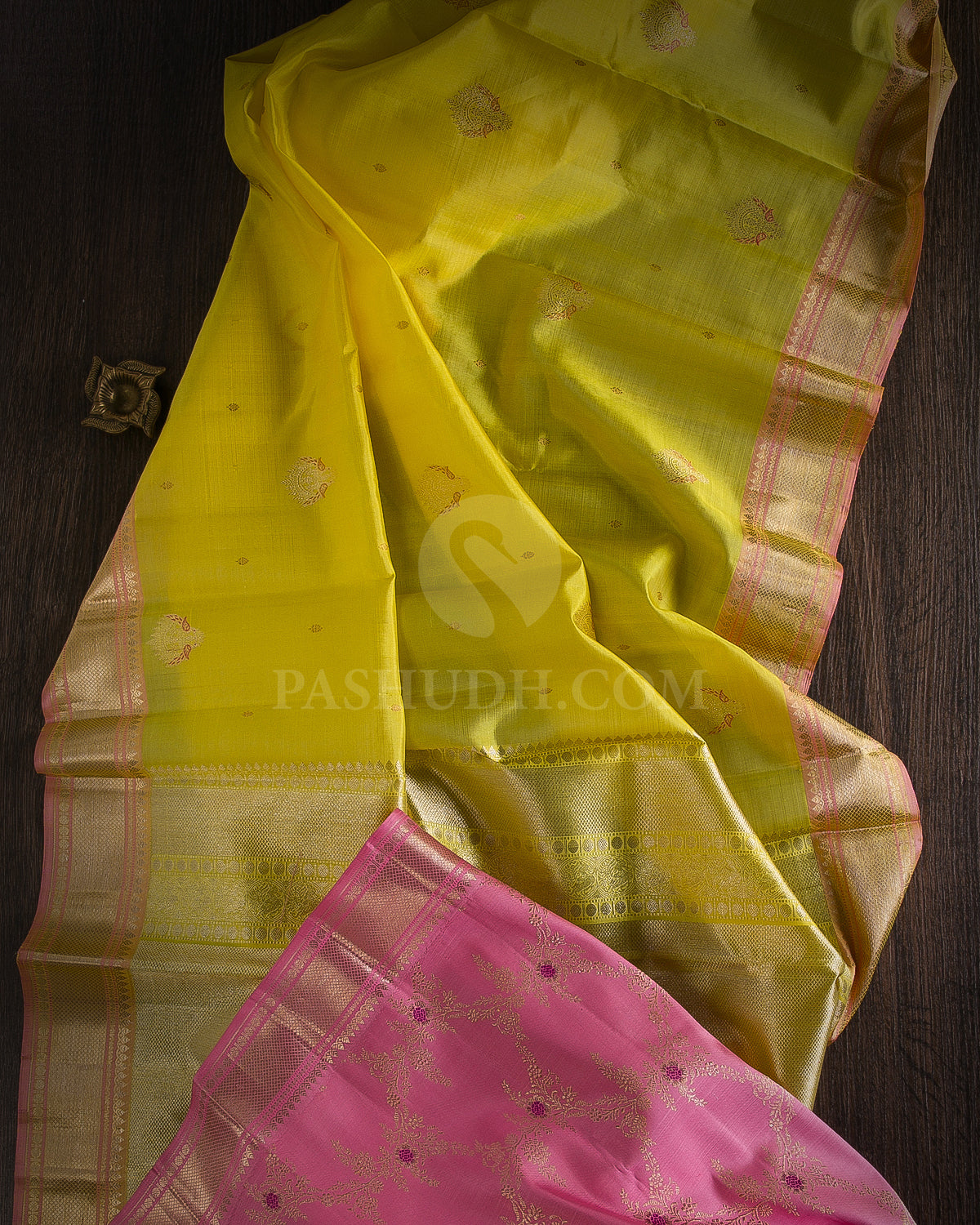 Lemon Yellow, Peach & Pink Kanjivaram Organza Silk Saree - S1100(B) - View 1