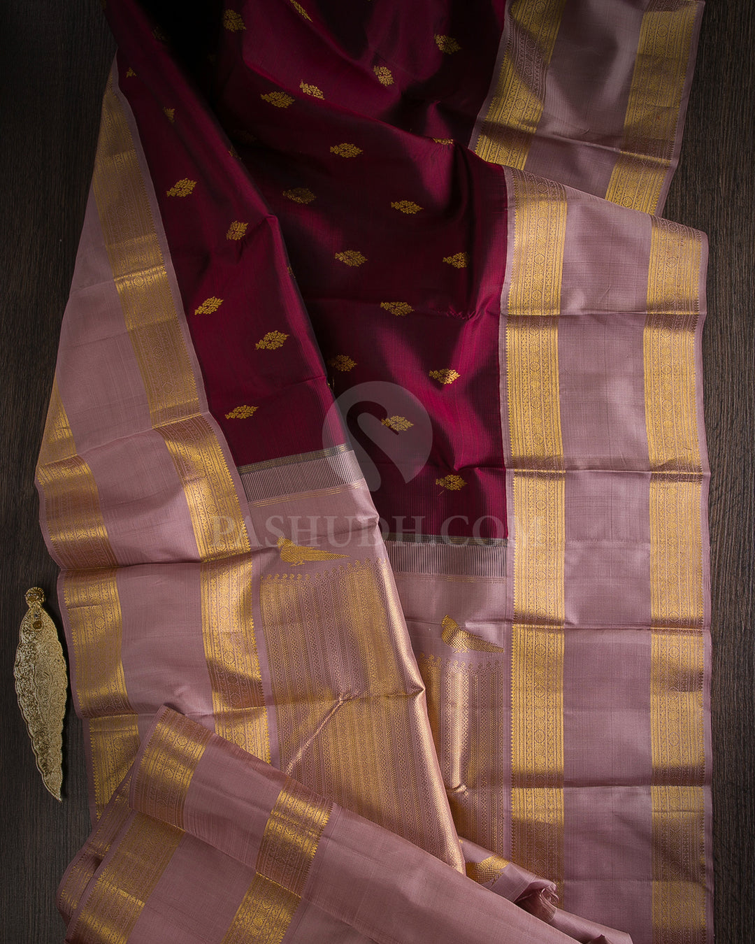 Wine Red & Old Rose Kanjivaram Silk Saree - D4