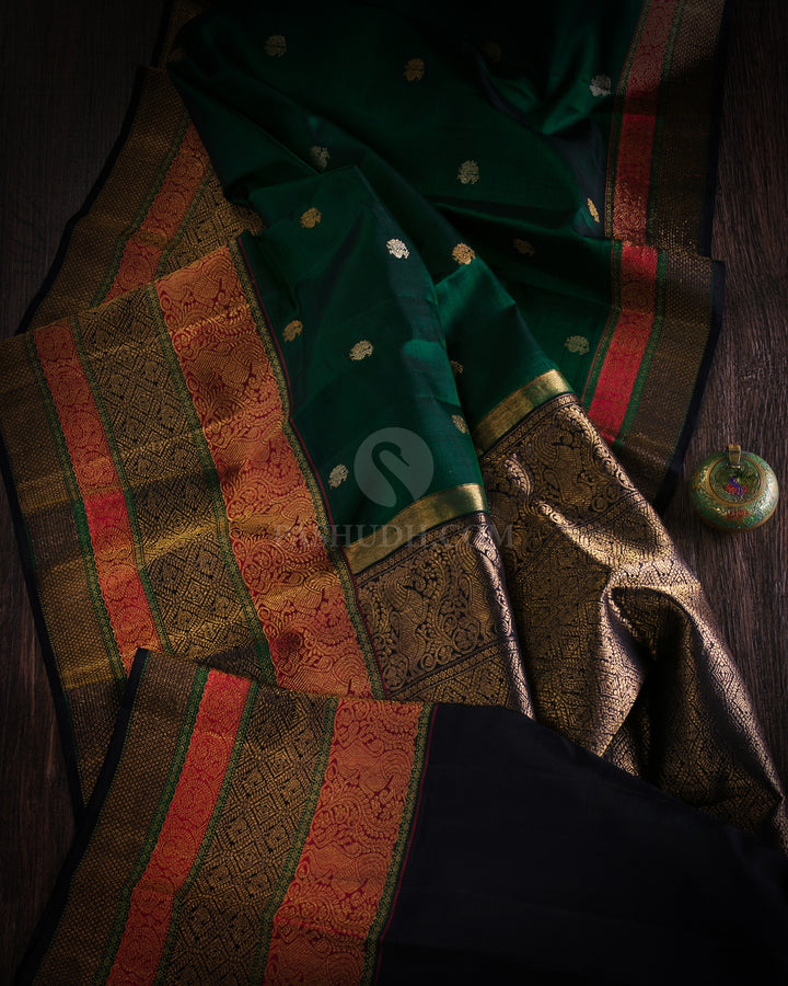 Forest Green & Black Kanjivaram Silk Saree - S859 - View 2