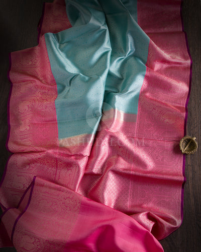 Sky Blue & Taffy Pink Kanjivaram Silk Saree - S967 - View 1