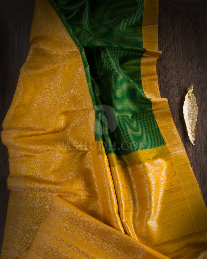Dark Green And Mango Yellow Kanjivaram Silk Saree - S1141(A) - View 1