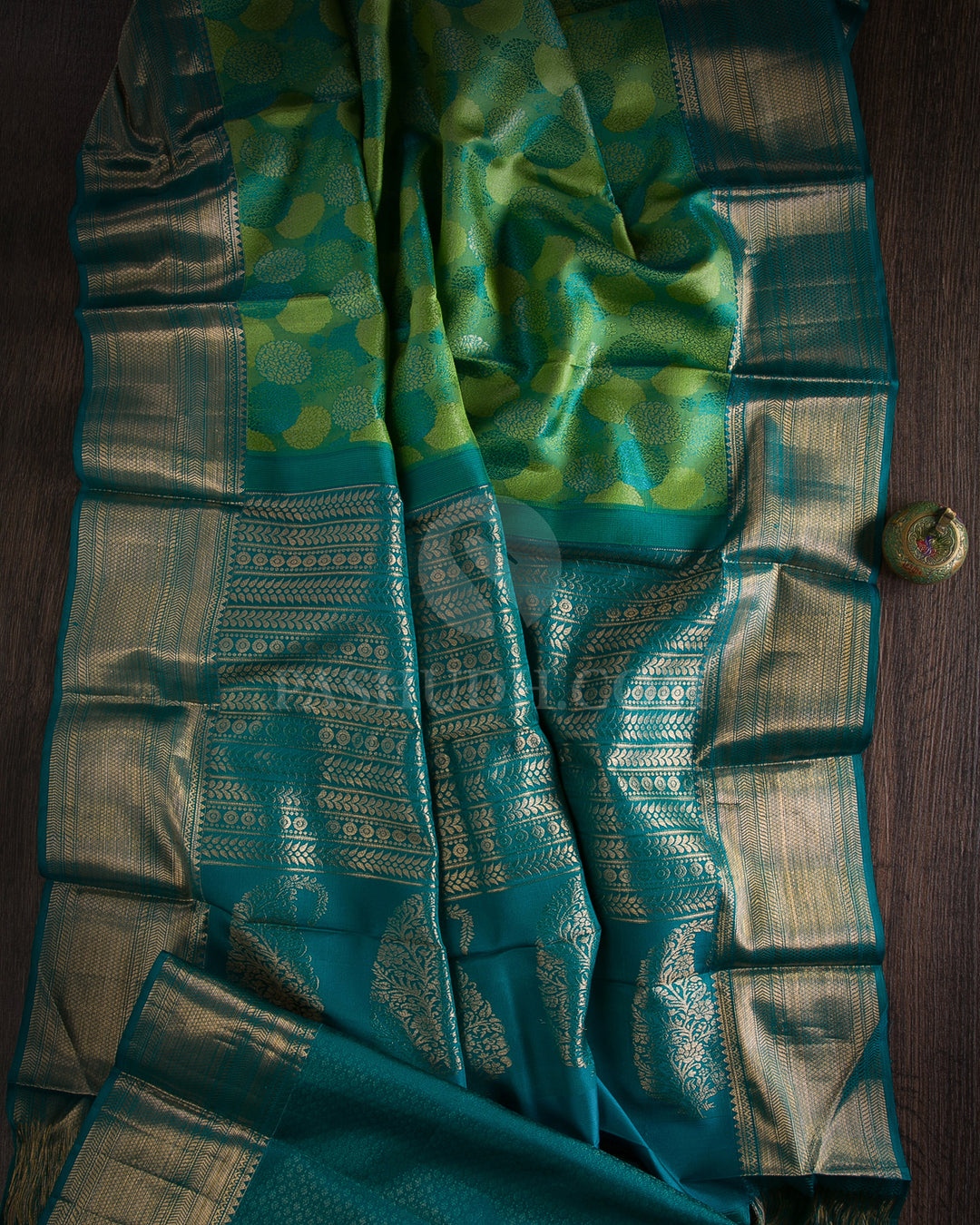Leaf Green & Peacock Blue Kanjivaram Silk Saree - D523(B)