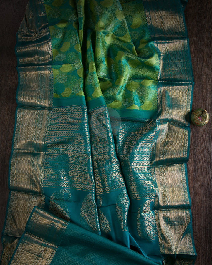Leaf Green & Peacock Blue Kanjivaram Silk Saree - D523(B)