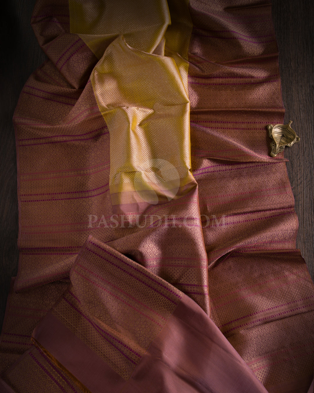 Golden Yellow & Mild Chocolate Brown Kanjivaram Silk Saree - S966 - View 1
