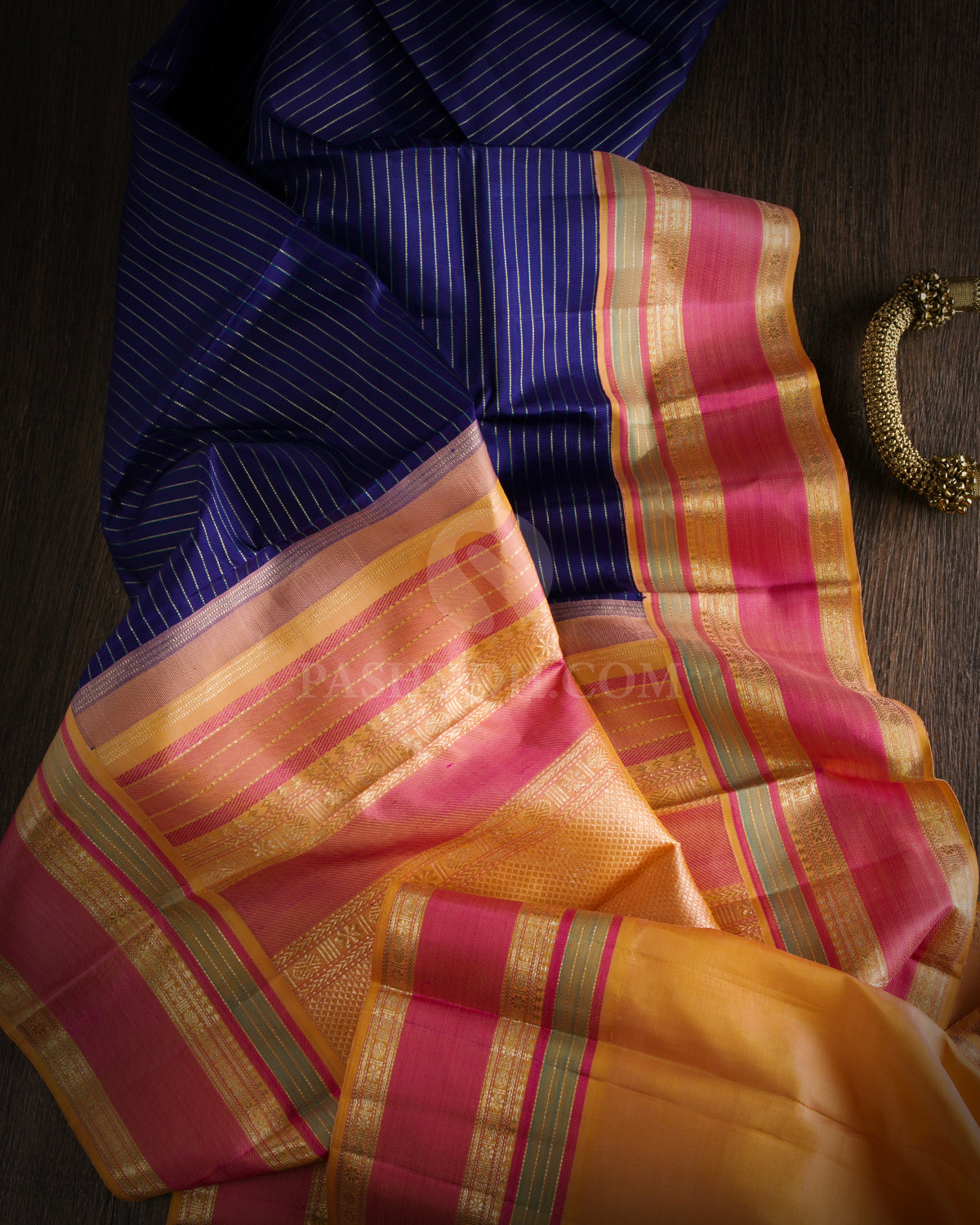 Dark Blue, Peach and Pink Kanjivaram Silk Saree - S706- View 2