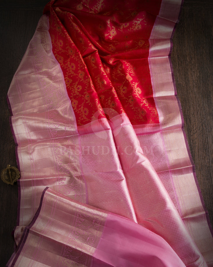 Red and Rose Pink Kanjivaram Silk Saree - S1054(A)