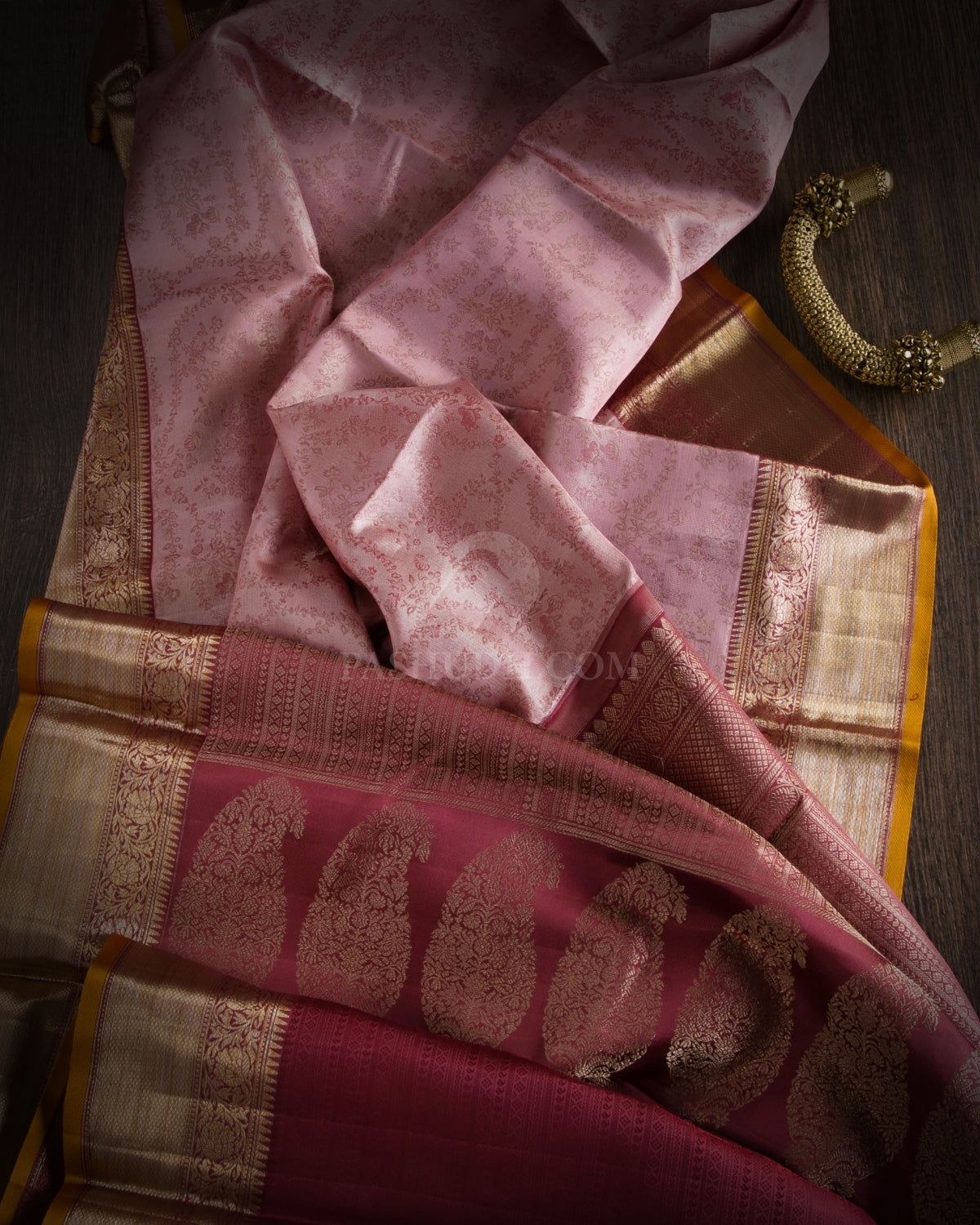 Onion Pink & Brick Red Kanjivaram Silk Saree - D443 - View 1
