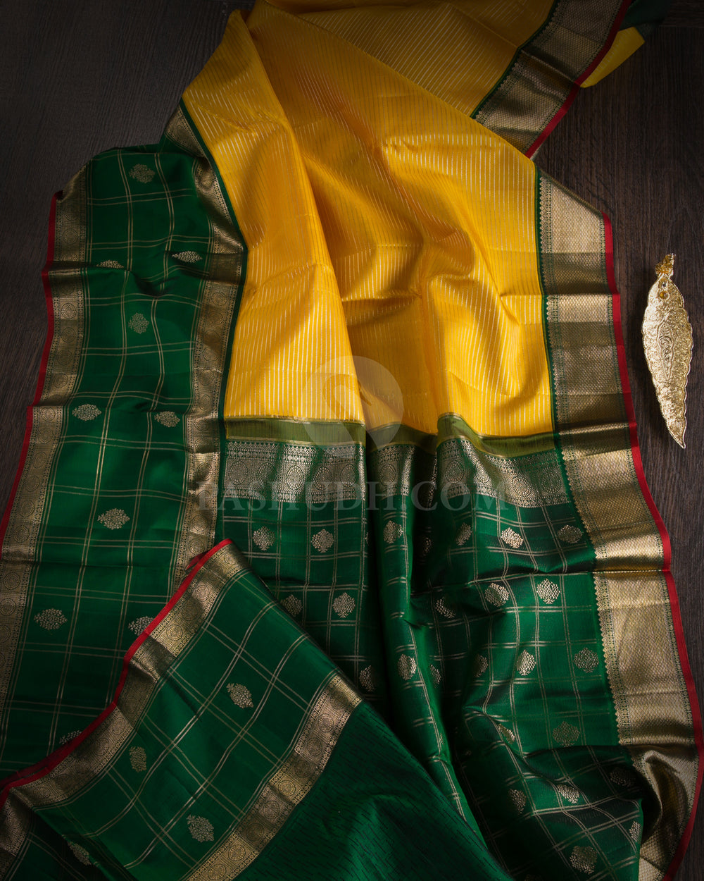 Mango Yellow & Dark Green Kanjivaram Silk saree - S1078(A) - View 1