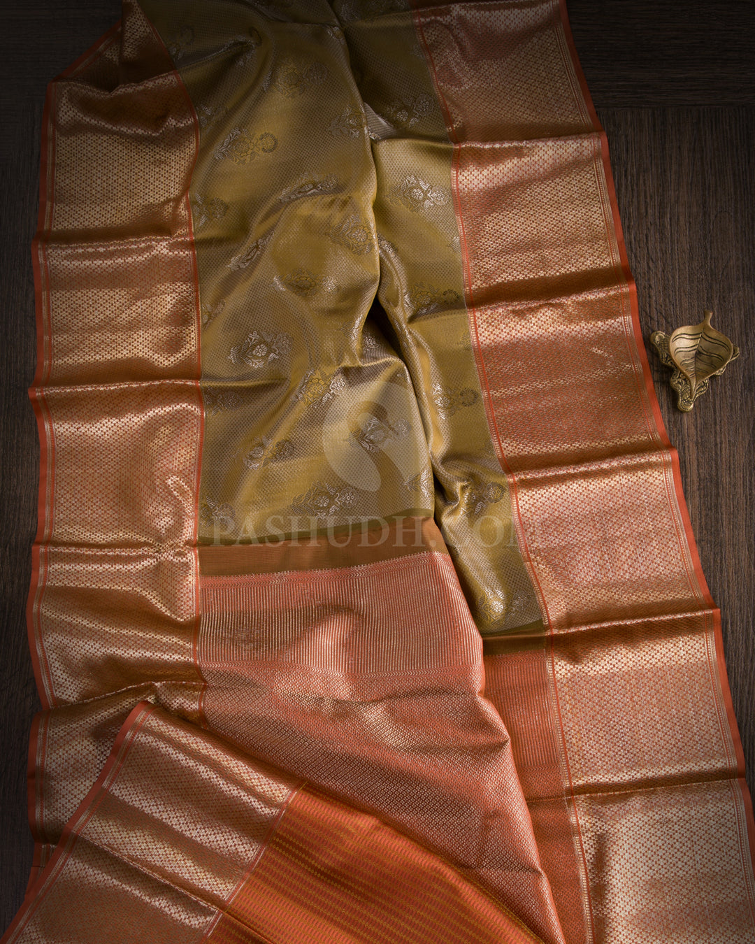 Golden Khaki And Rust Orange Kanjivaram Silk Saree - D529(B)
