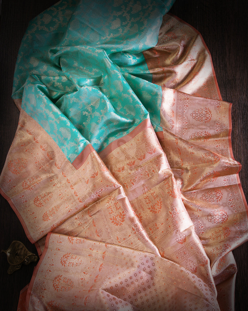 Sky Blue & Peach Shot Cream Kanjivaram Silk Saree - S883 - View 2