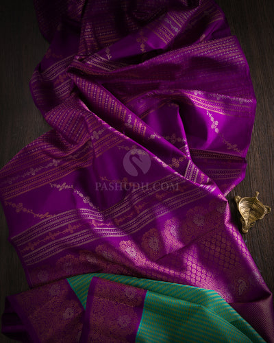 Violet & Parrot Green Pure Zari Kanjivaram Silk Saree - S750 - View 2