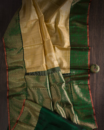 Cream & Bottle Green Kanjivaram Silk Saree - S1128(A) - View 1