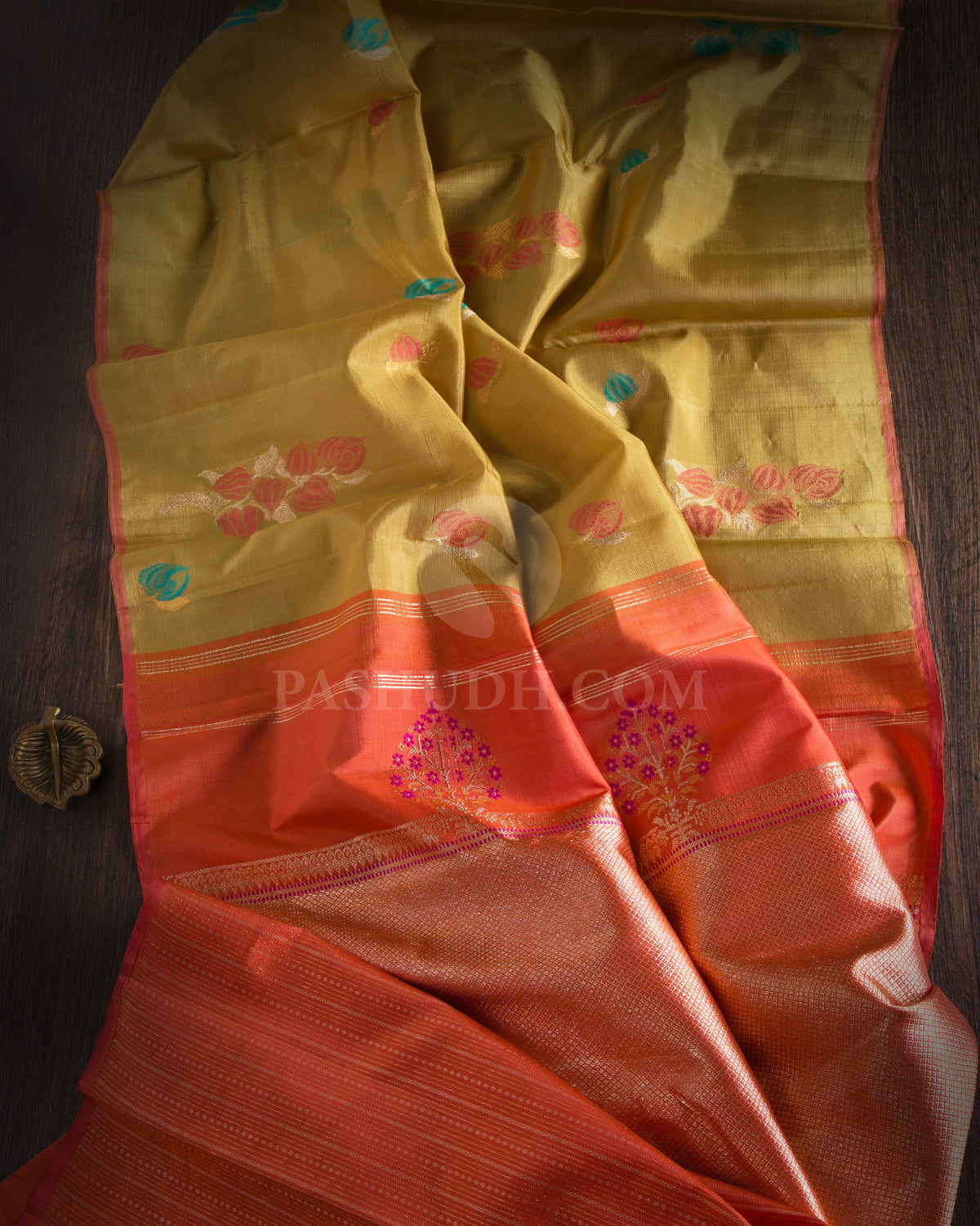 Flaxen Yellow & Rust Orange Organza Kanjivaram Silk Saree - S1025(A) - View 1