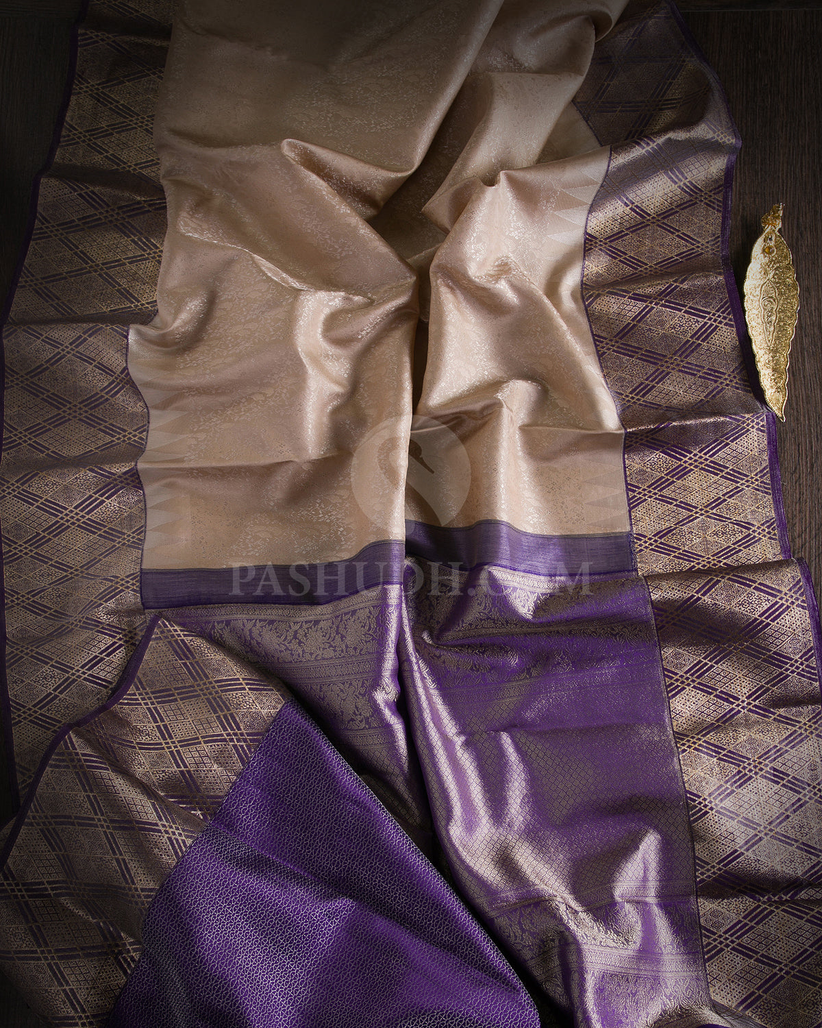 Beige & Purple Kanjivaram Silk Saree - DT243(A) 