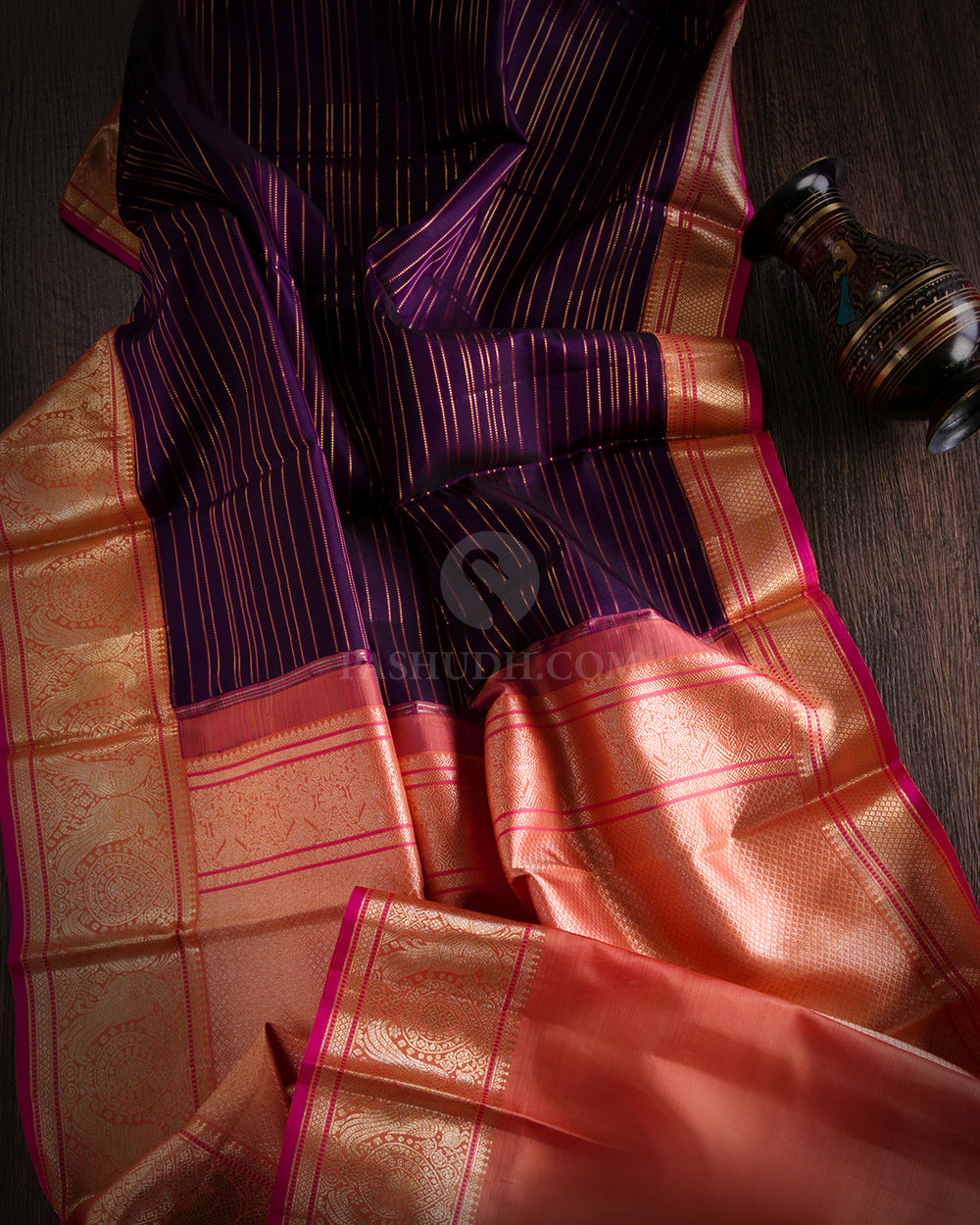 Indigo & Light Orange Kanjivaram Silk Saree - S804- View 2
