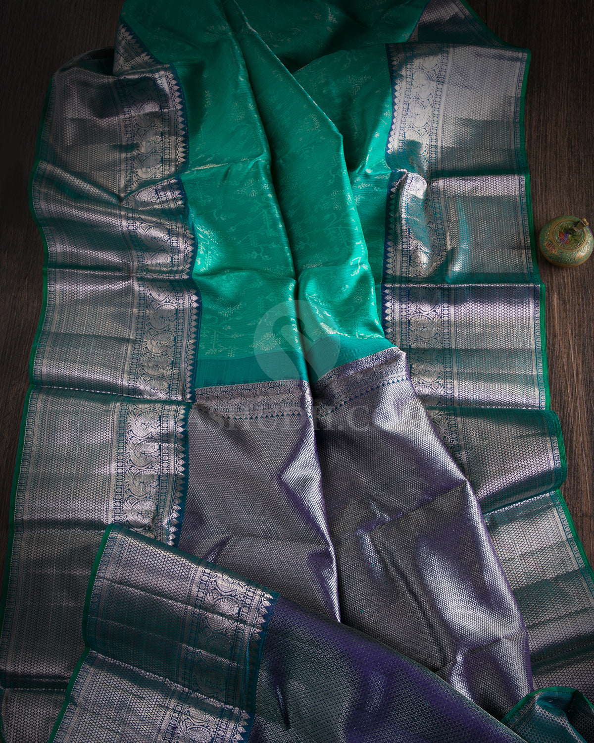 Emerald Green & Teal Blue Kanjivaram Silk Saree - D508(A)