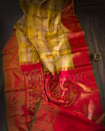 Turmeric Yellow And Red Pure Zari Paithani Kanjivaram Silk Saree - P143(B) - View 1
