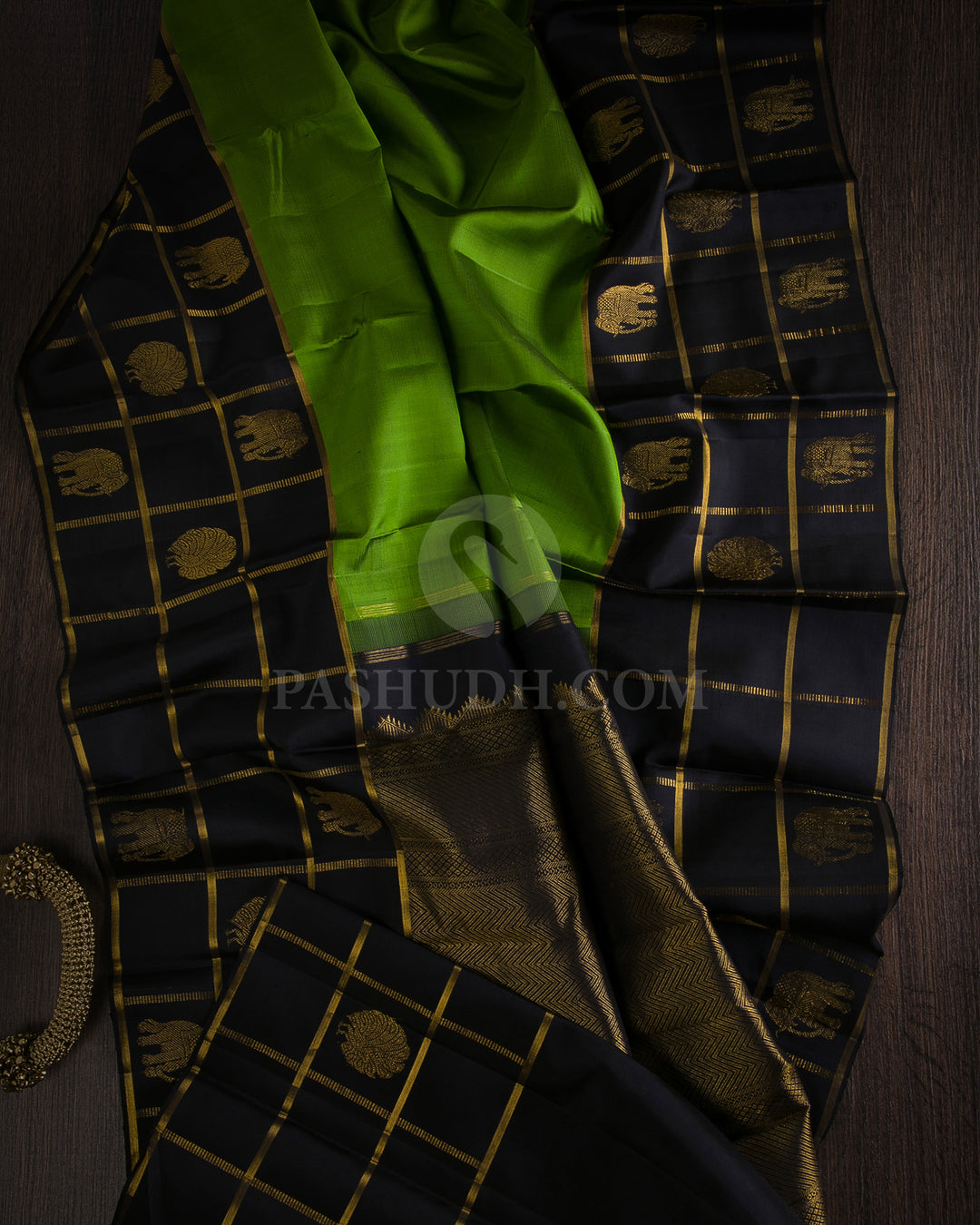 Parrot Green & Black Kanjivaram Silk Saree - D7