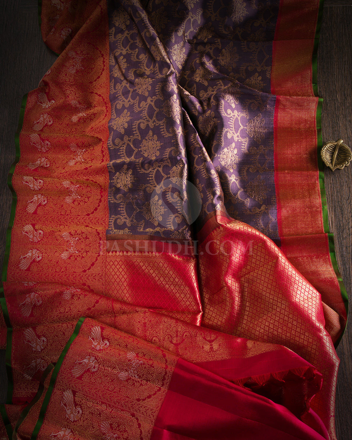 Heather Purple Shot Black & Red Kanjivaram Silk Saree - S1048(A) - View 1