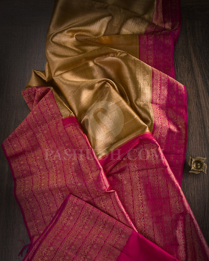 Gold Organza and Magenta Kanjivaram Silk Saree - S1188(A) - View 1